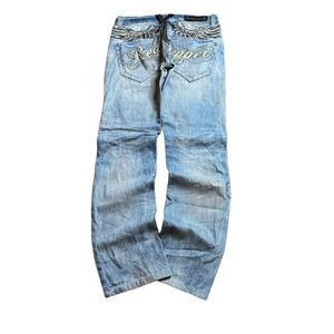 Red Pepper Vintage Baggy Jeans Distressed Light Wash Japanese Embroidered Denim